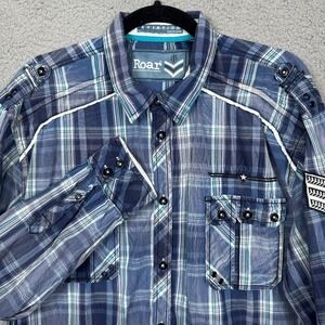 Roar Shirt Mens XL Blue Plaid Aviator‎ Edition Button Military Faded Preppy Y2K